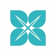 Turquoise floral logo with symmetrical leaf design.