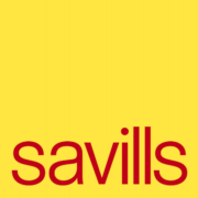 Savills logo on yellow background in red font