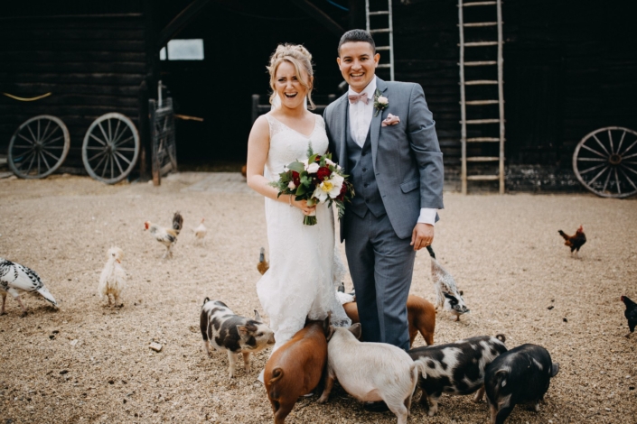 Bride and groom surrounded by small farm animals