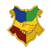 Colourful shield with handshake emblem design.