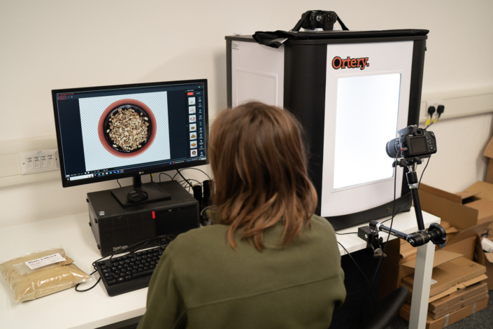 Person analysing seeds with digital equipment setup