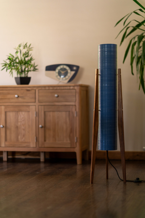 Blue floor lamp in modern living room.